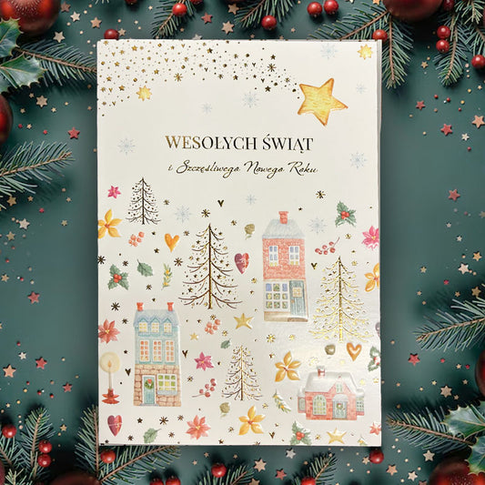 Pocztówka świąteczna ze złoceniem – Domki zimowe