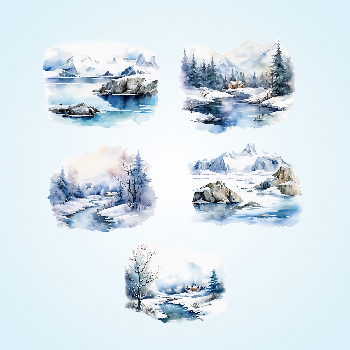 ❄️ 5 szt, Zestaw papierowych naklejek do scrapbookingu Zimowe pejzaże w akwareli