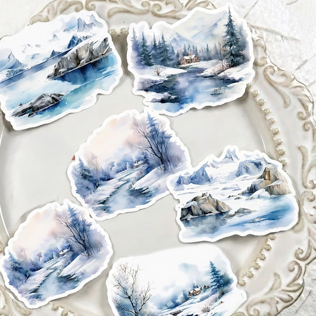 ❄️ 5 szt, Zestaw papierowych naklejek do scrapbookingu Zimowe pejzaże w akwareli