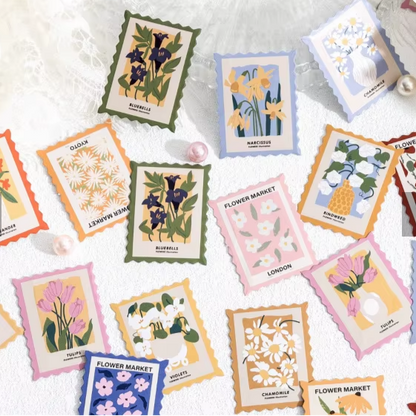 45 szt, Zestaw naklejek Znaczki Pocztowe Flower Market