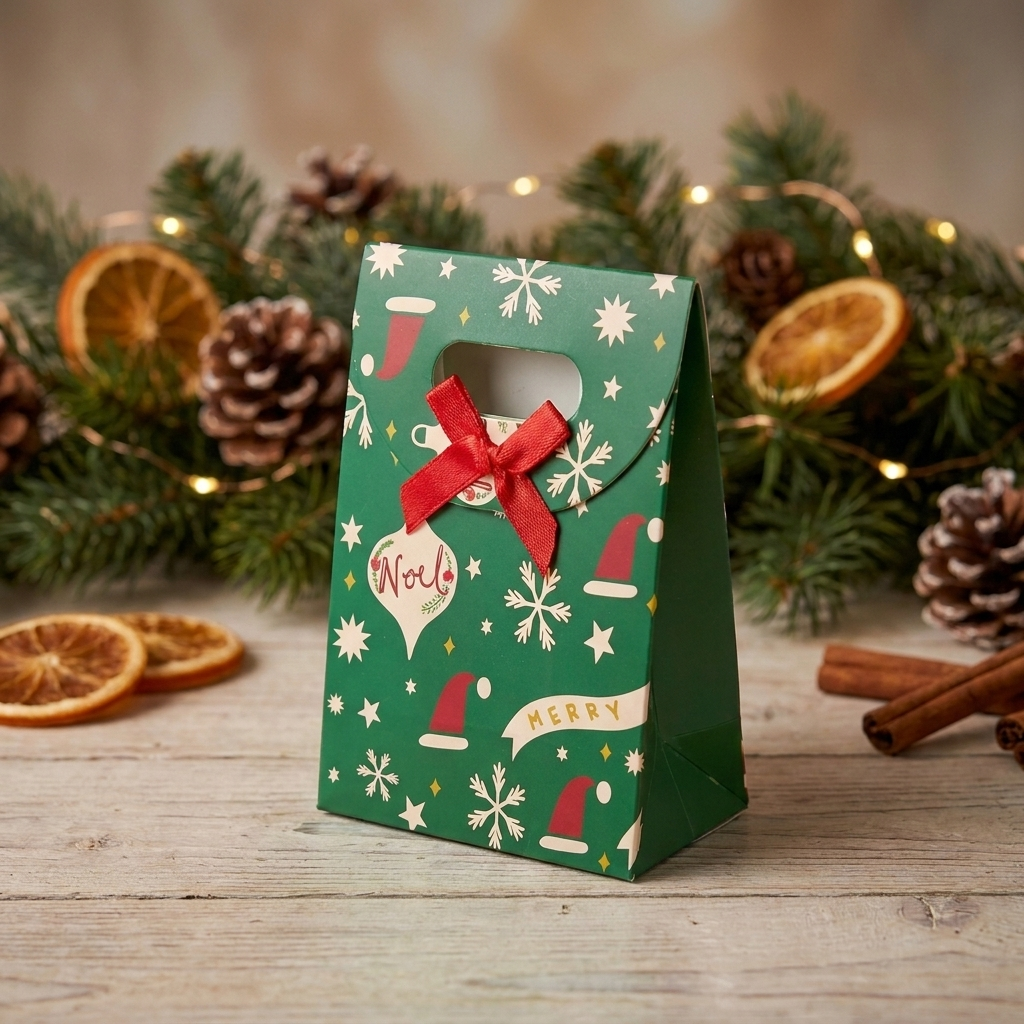Papierowa torebka prezentowa „Merry Christmas" – zielona z kokardką, 14 × 10 cm