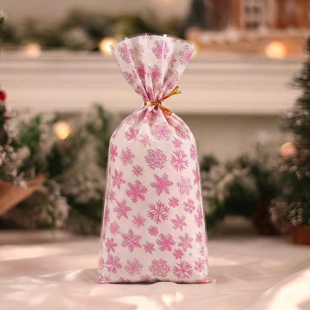 Foliowa torebka świąteczna na prezenty – biała w różowe śnieżynki, 27 × 12 cm