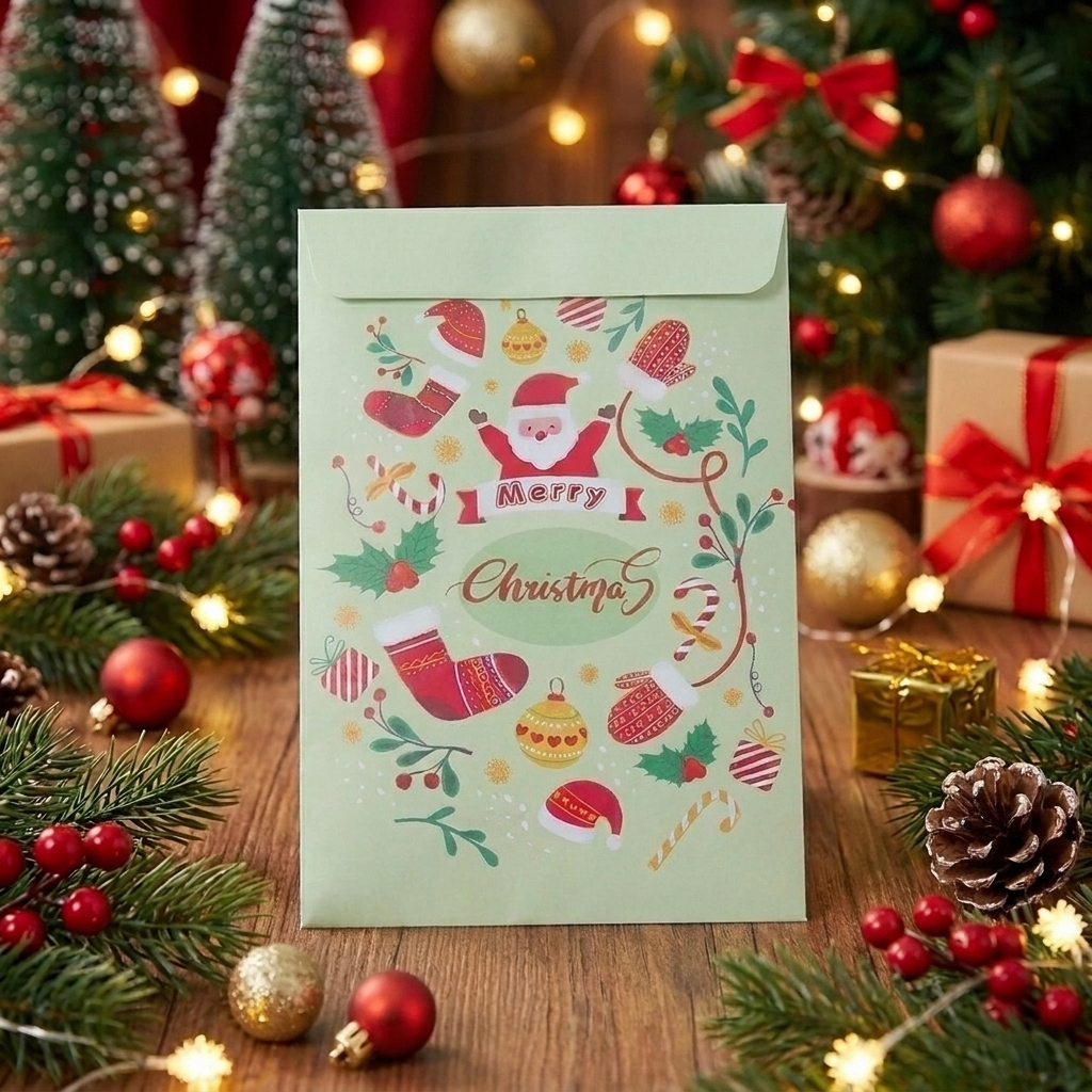 Papierowa koperta świąteczna „Merry Christmas" – zielona, 11 × 16 cm