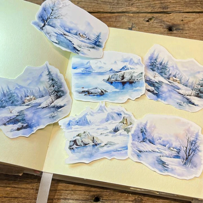 ❄️ 5 szt, Zestaw papierowych naklejek do scrapbookingu Zimowe pejzaże w akwareli